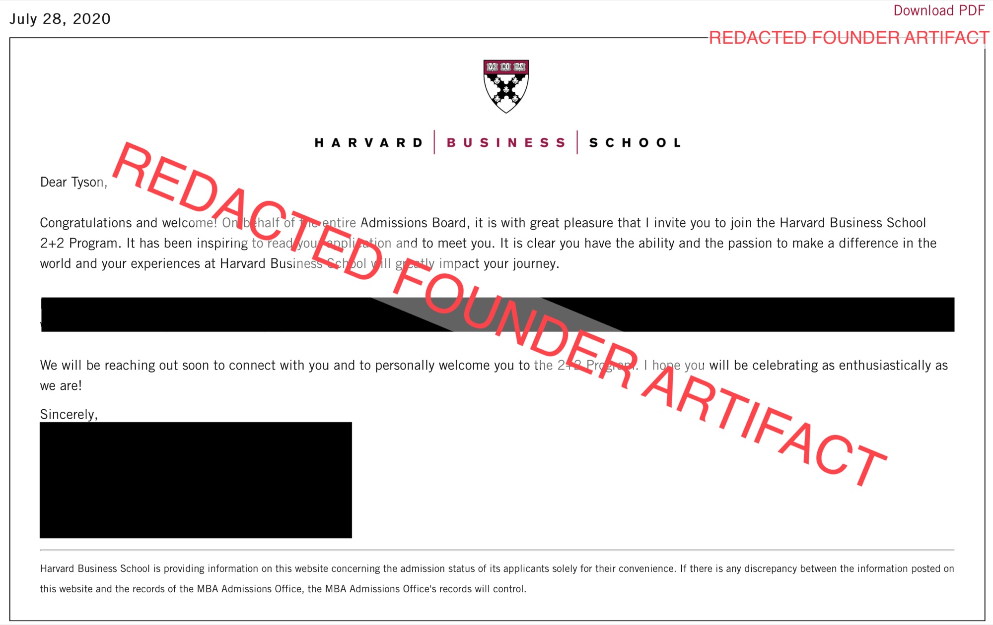 Redacted Harvard Business School admission letter preview