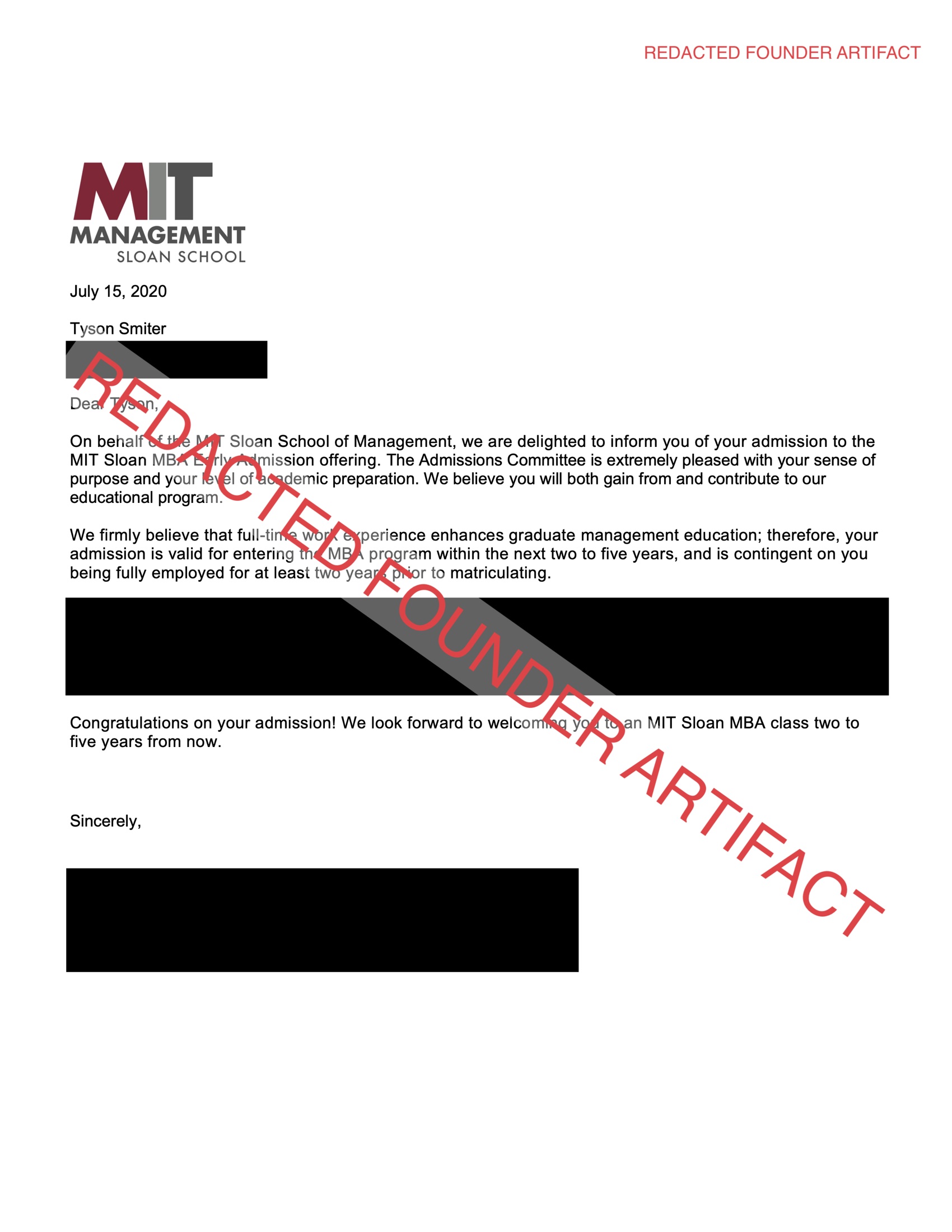 Redacted MIT Sloan admission letter preview