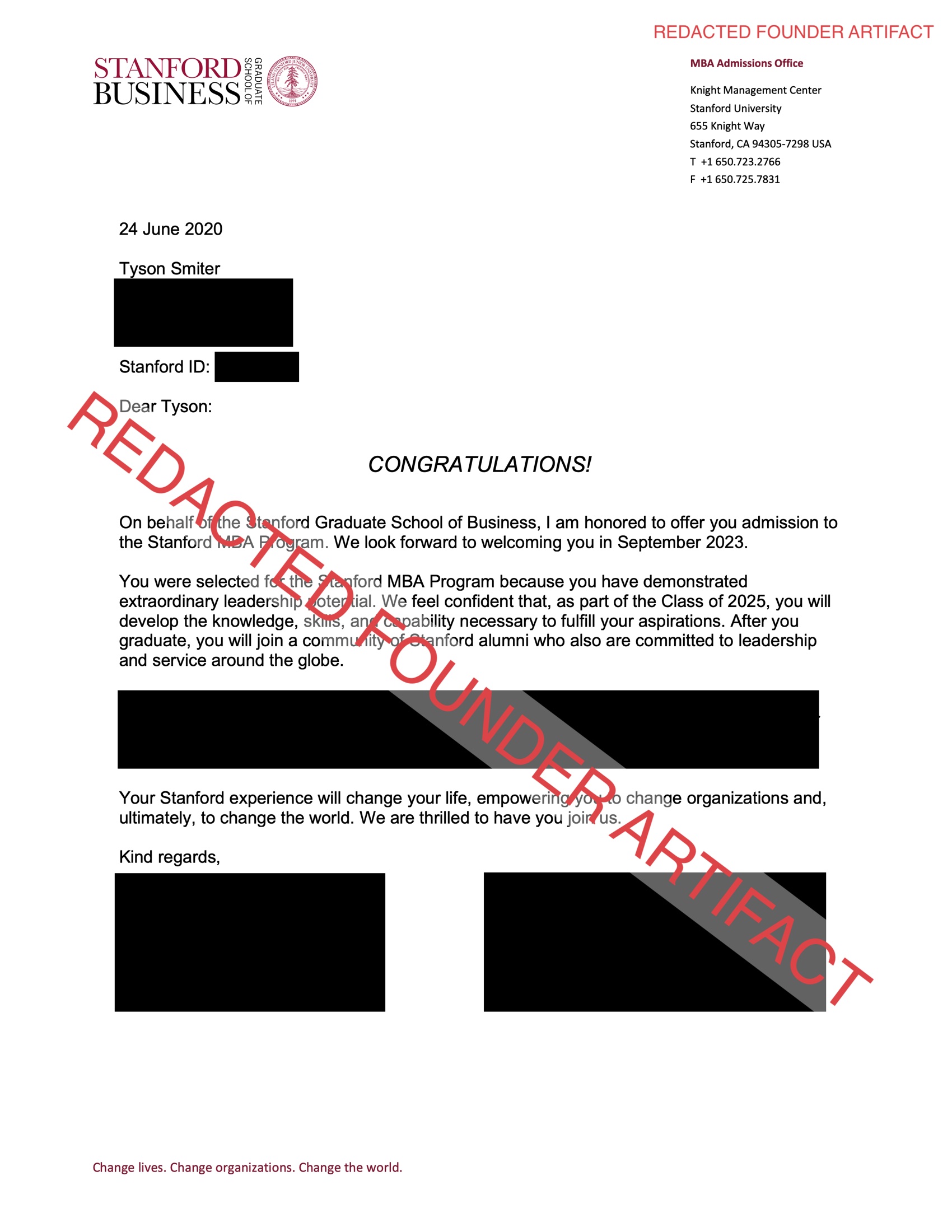 Redacted Stanford Graduate School of Business admission letter preview